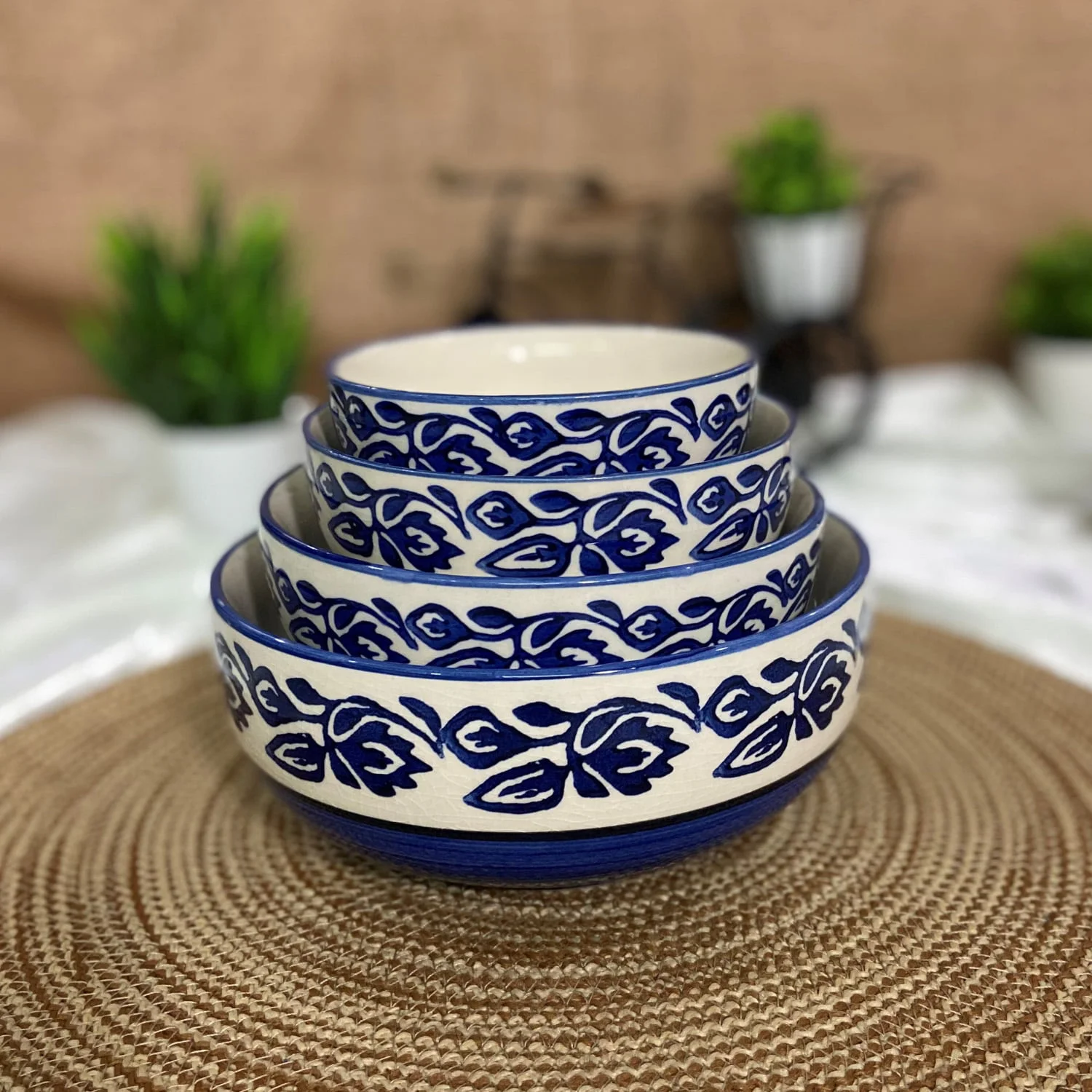 Studio Pottery Handpainted Dinner Serving Bowl Set (Set of 4, Blue Mughal  Painting), Dinner Serving Donga Set