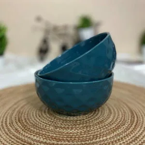Peacock Green Diamond Ceramic Soup Cereal Bowls Set of 2