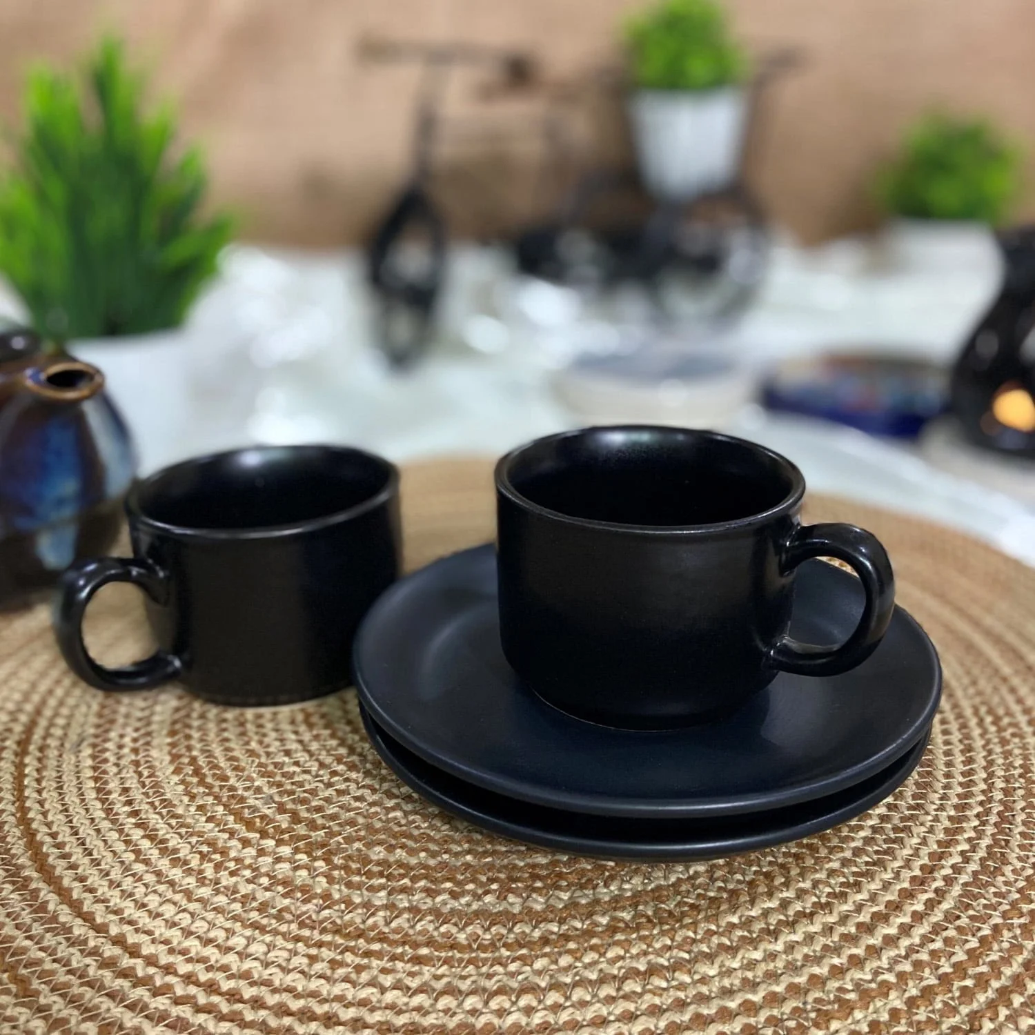 Chic Matte Black Tea cups with Saucers Set of 2 Ceramic Dining
