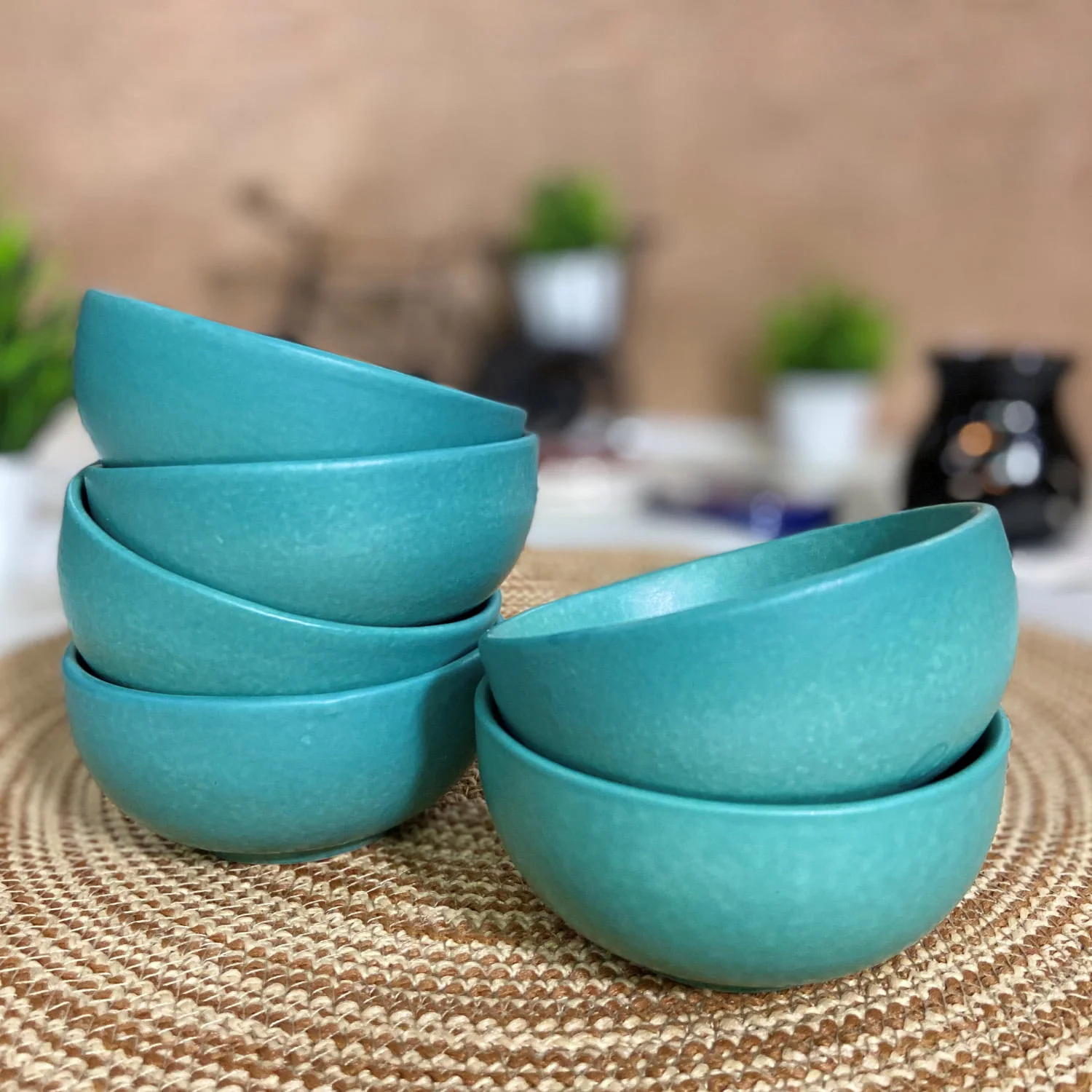 Matte Eurasian Teal Green Ceramic Bowls Katoris Set of 6