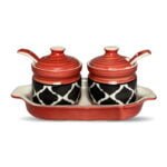 Moroccan Red Two Pickle Ceramic Jars With Tray & Spoons - Image 2