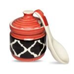 Moroccan Red Two Pickle Ceramic Jars With Tray & Spoons - Image 3