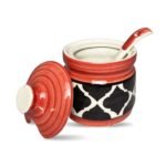 Moroccan Red Two Pickle Ceramic Jars With Tray & Spoons - Image 4