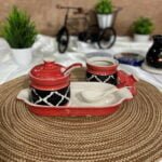 Moroccan Red Two Pickle Ceramic Jars With Tray & Spoons