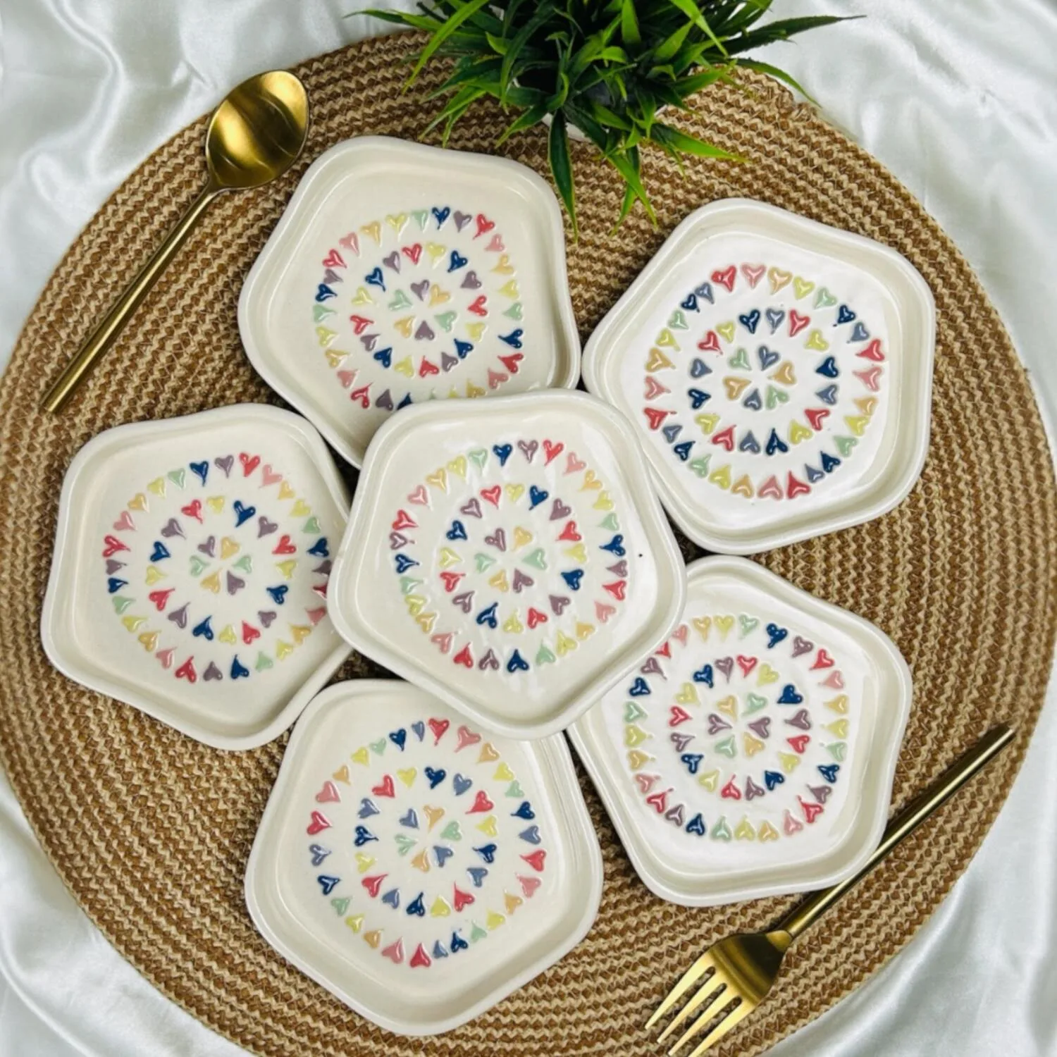 Multicolour 3D Heart Ceramic Dessert Plates- Set of 6 || Snack Plates || Side Plates - Image 1