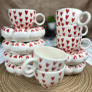 Red Heart Bubble Tea Cup with Saucer Set of 6