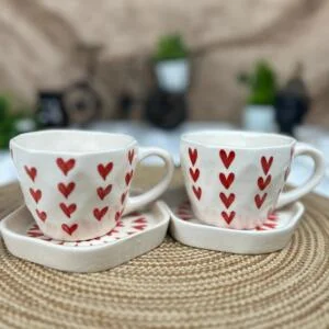Red Heart Tea Cups with Saucers Set of 2